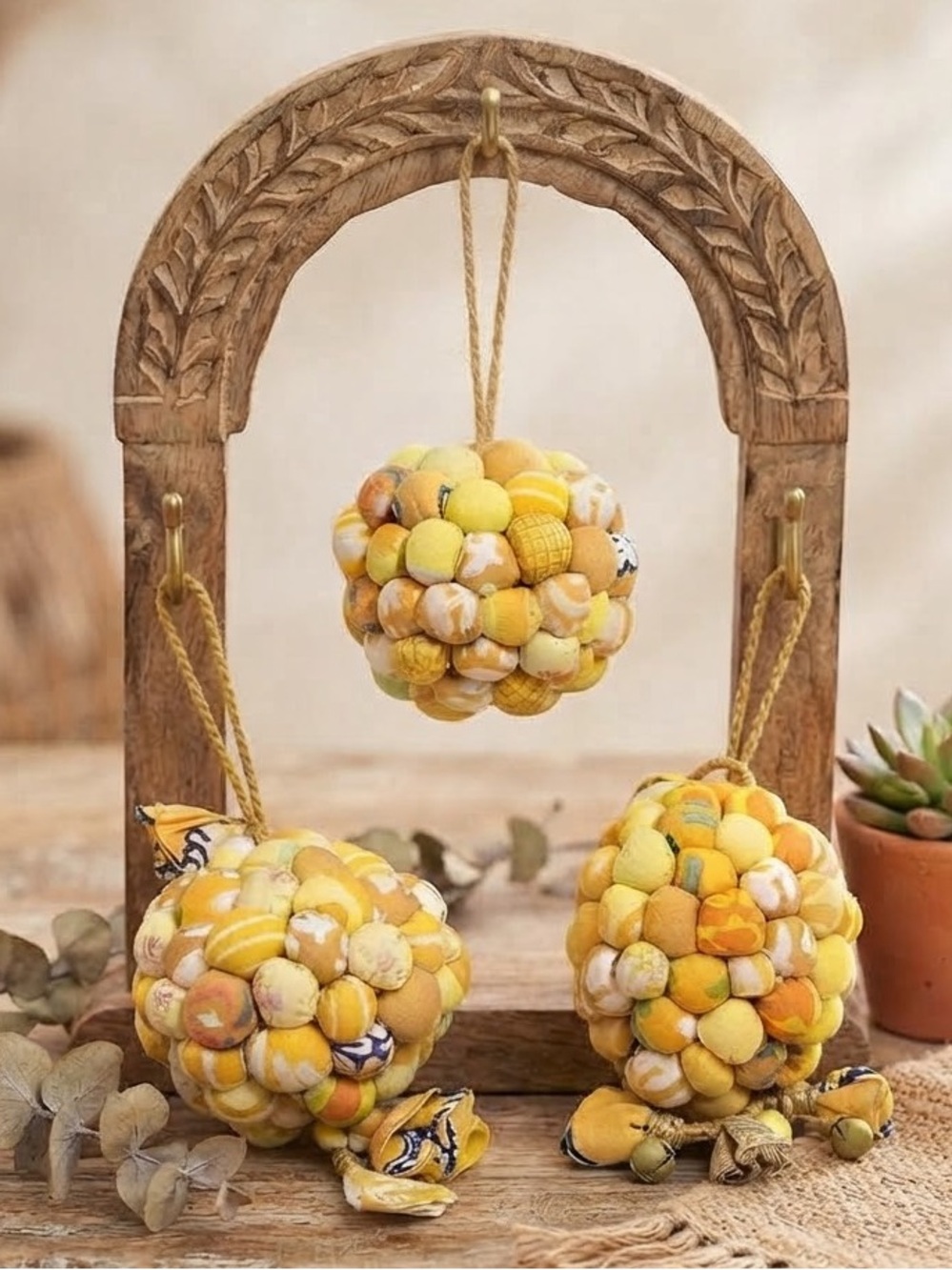 Anthropologie Upcycled Fabric Bauble Ball Christmas Ornament Yellow Boho NEW